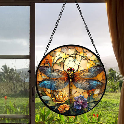 Stained Glass Window Hanging - Orange Blue Dragonfly Flower Suncatcher for Doors Window Home Sun