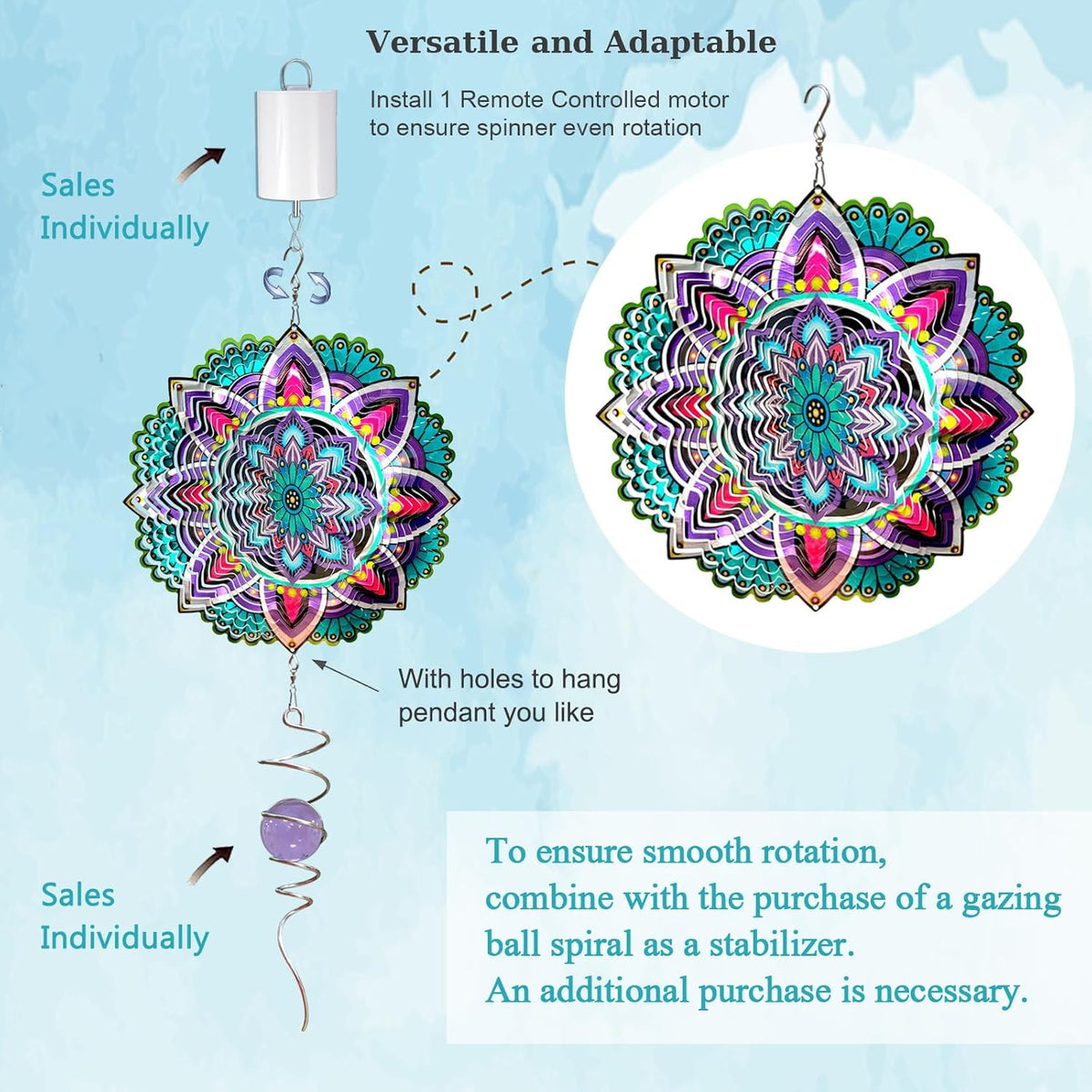 Goolyrusim Wind Spinner Mandala Jasmine, 12Inch Laser Cut Stainless Steel Wind Spinners, 3D Hanging
