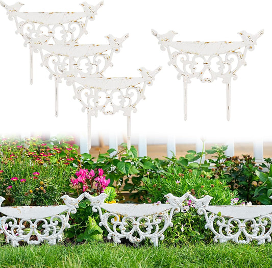 Sungmor Decorative Cast Iron Garden Edging Border, 4 Pack White Landscape Edging Low Picket Fence