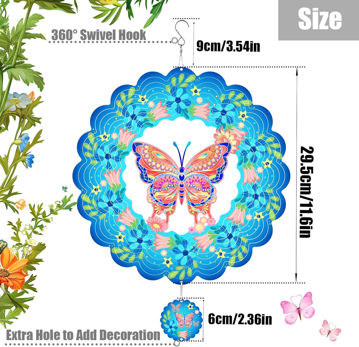 Butterfly Wind Spinners for Yard and Garden,12 Inch 3D Stainless Steel Hanging Kinetic Yard Art