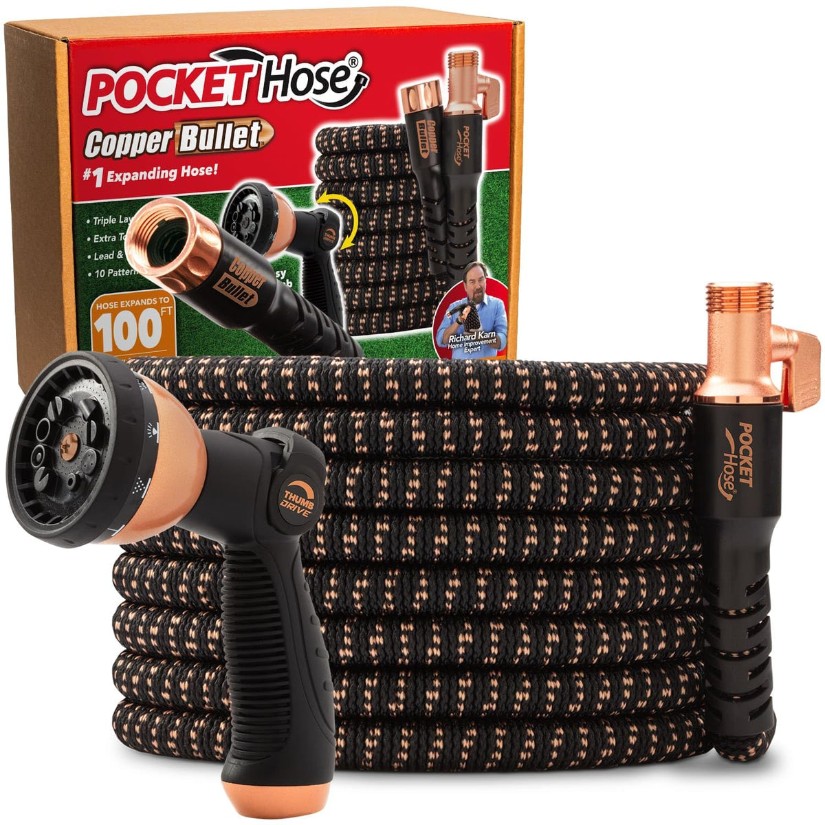 Pocket Hose 100 FT Copper Bullet Hose, 10-Pattern, 650psi