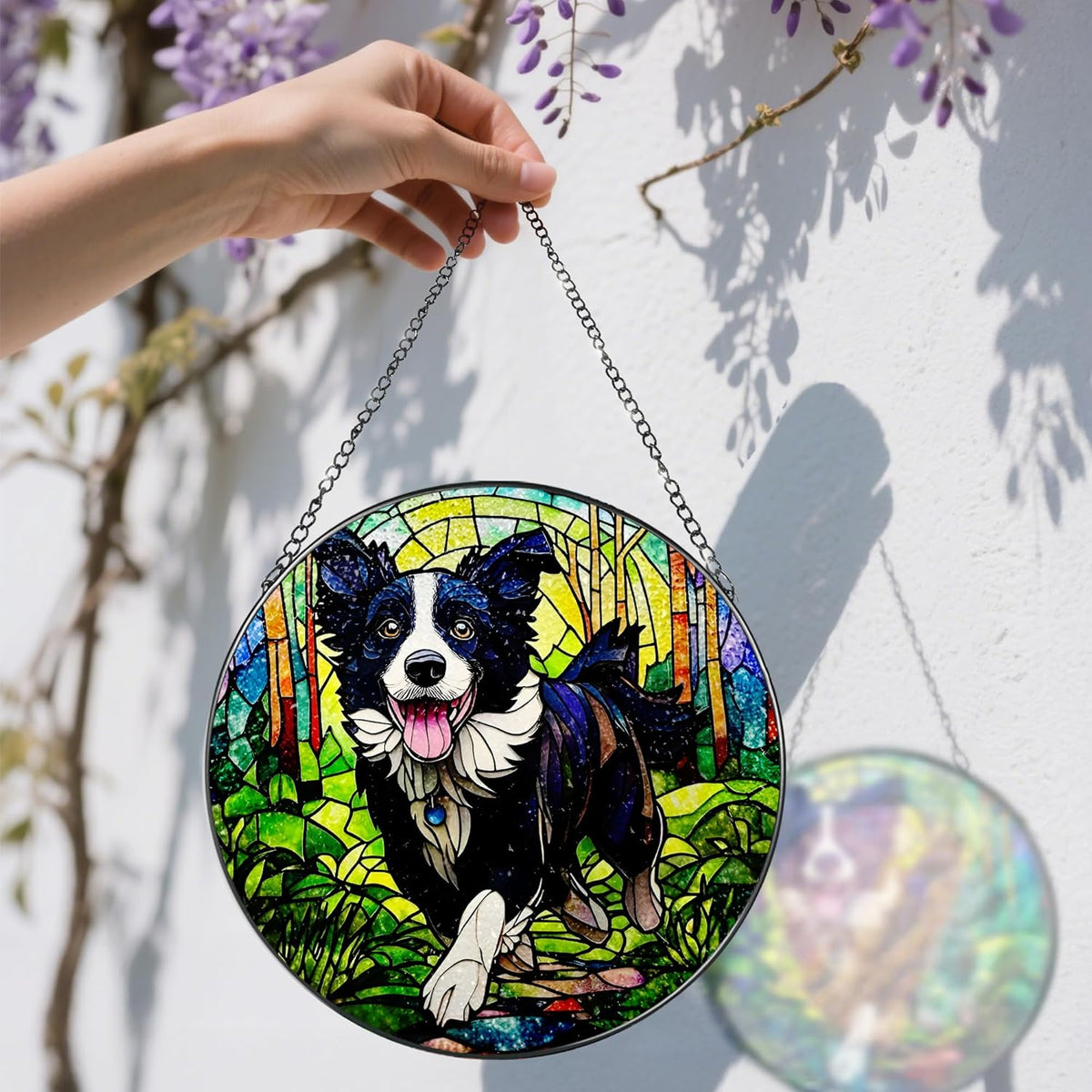 8″ Stained Glass Window Hanging Ornament, Border Collie Stained Glass Suncatcher Ornament