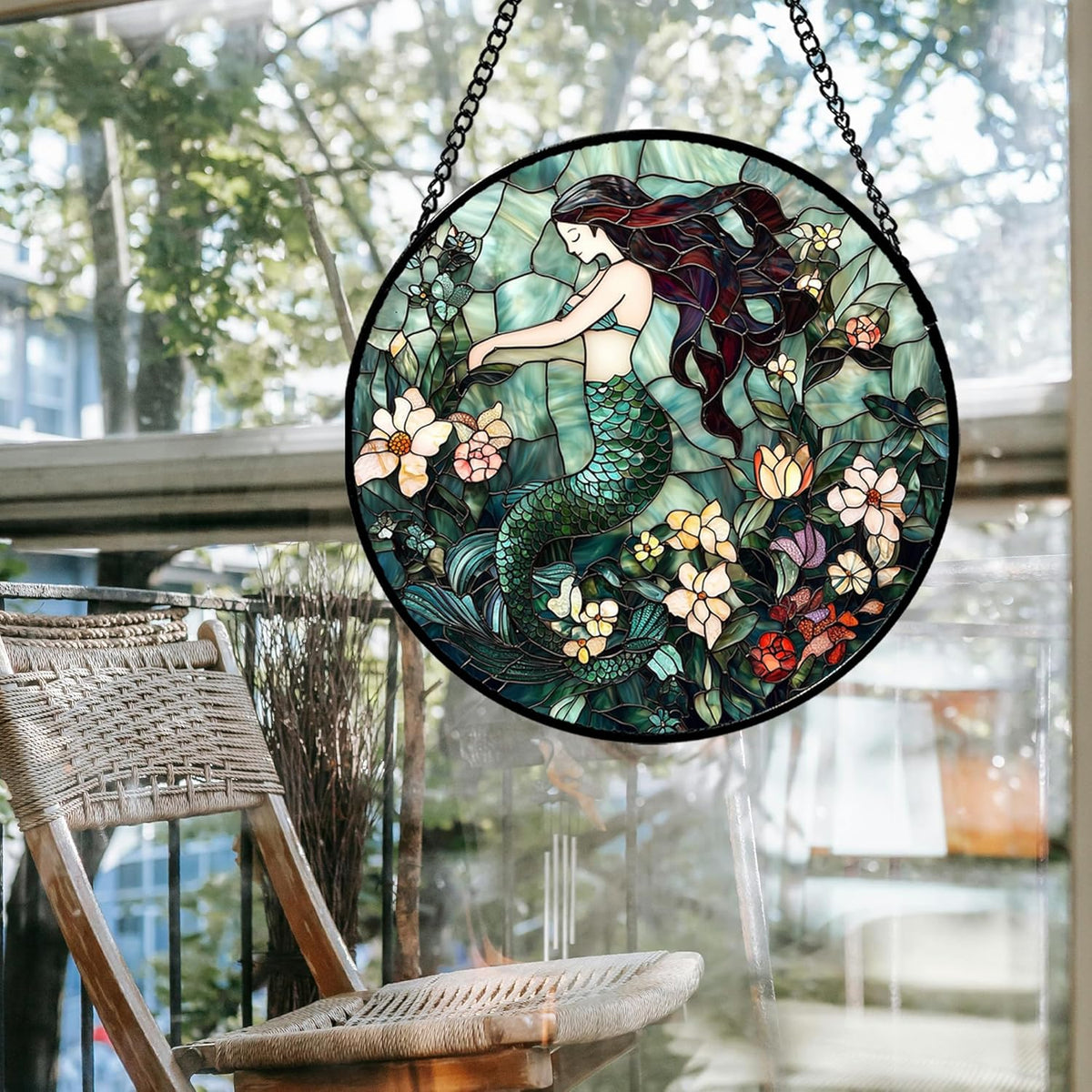 Stained Glass Window Hanging - Teal Sleeping Mermaid Suncatcher for Door Terrace Garden Home Decor