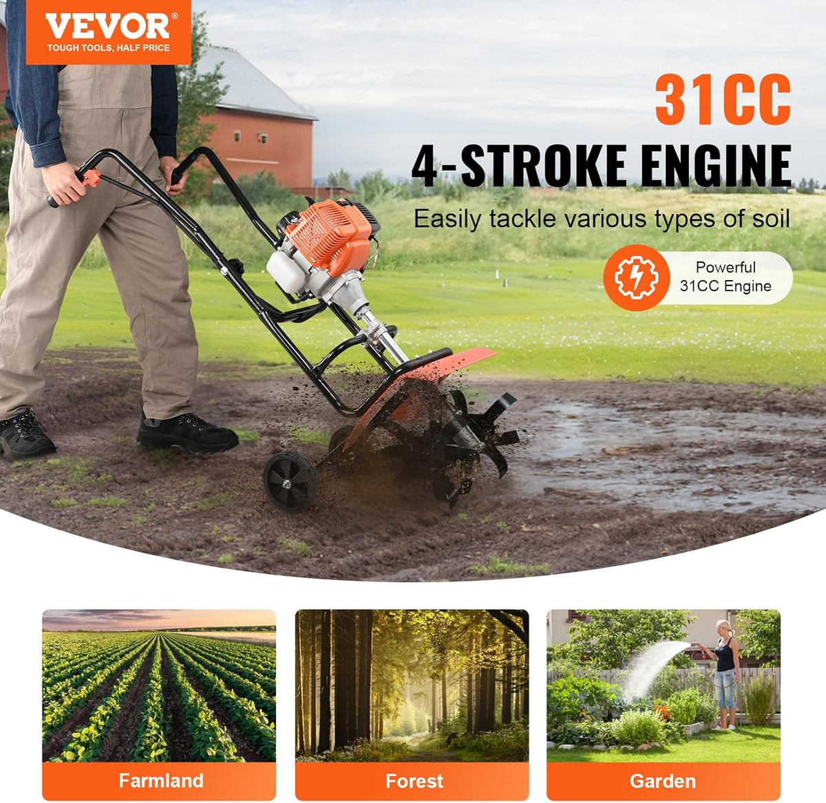 VEVOR Tiller Cultivator, 31CC 4-Stroke Garden Cultivator, Tiller with 4 Steel Adjustable Front
