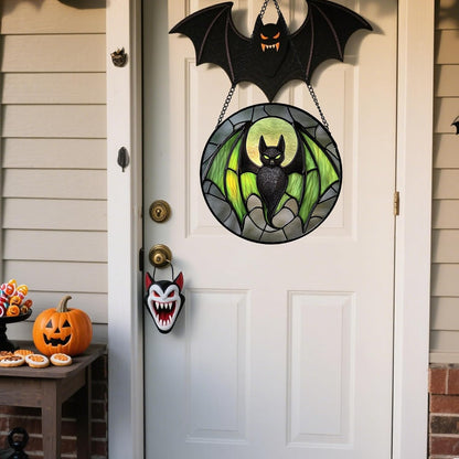 Stained Glass Window Hanging - Halloween Black Bat Green Wings Monster Suncatcher for Doors Garden
