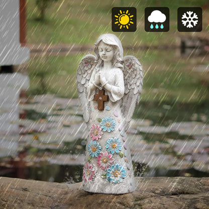 Angel Garden Figurine Outdoor Statue, Solar Garden Sculpture with 7 LEDs Welcome Sign Resin Praying