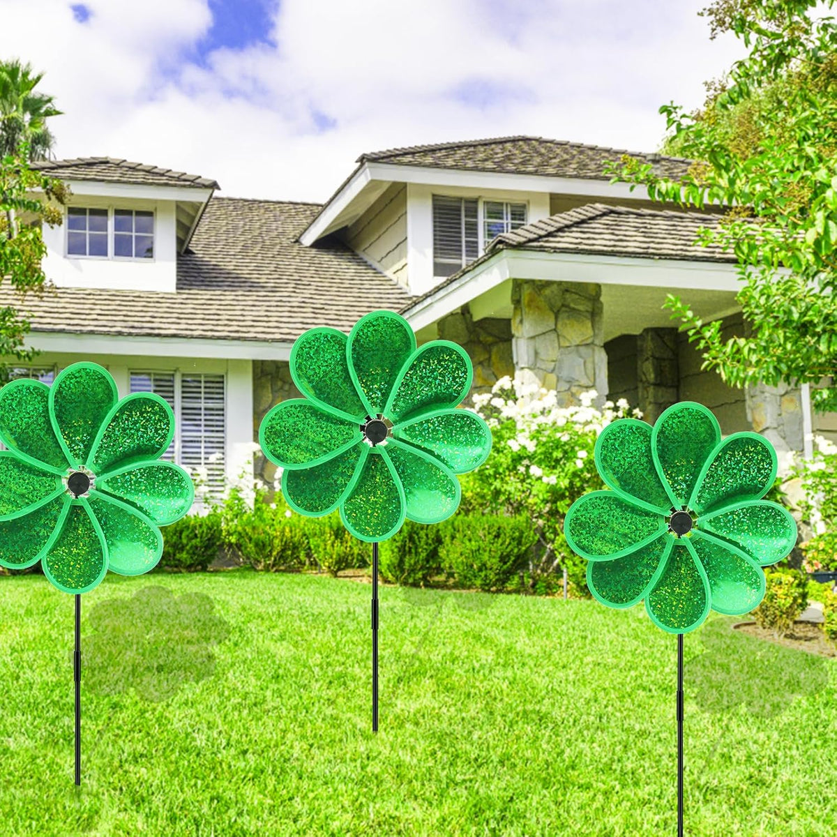 4PCS Flower Wind Spinner Sparkly Lawn Pinwheel 11.8 inch Green Garden Windmill for Christmas