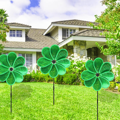 4PCS Flower Wind Spinner Sparkly Lawn Pinwheel 11.8 inch Green Garden Windmill for Christmas