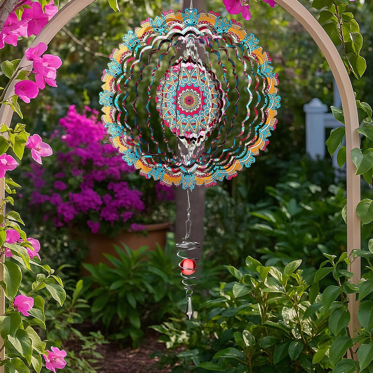 12 Inch Mandala Wind Spinners with Gazing Ball Spiral Tail, Outdoor 3D Stainless Steel Hanging