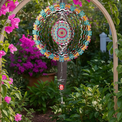 12 Inch Mandala Wind Spinners with Gazing Ball Spiral Tail, Outdoor 3D Stainless Steel Hanging