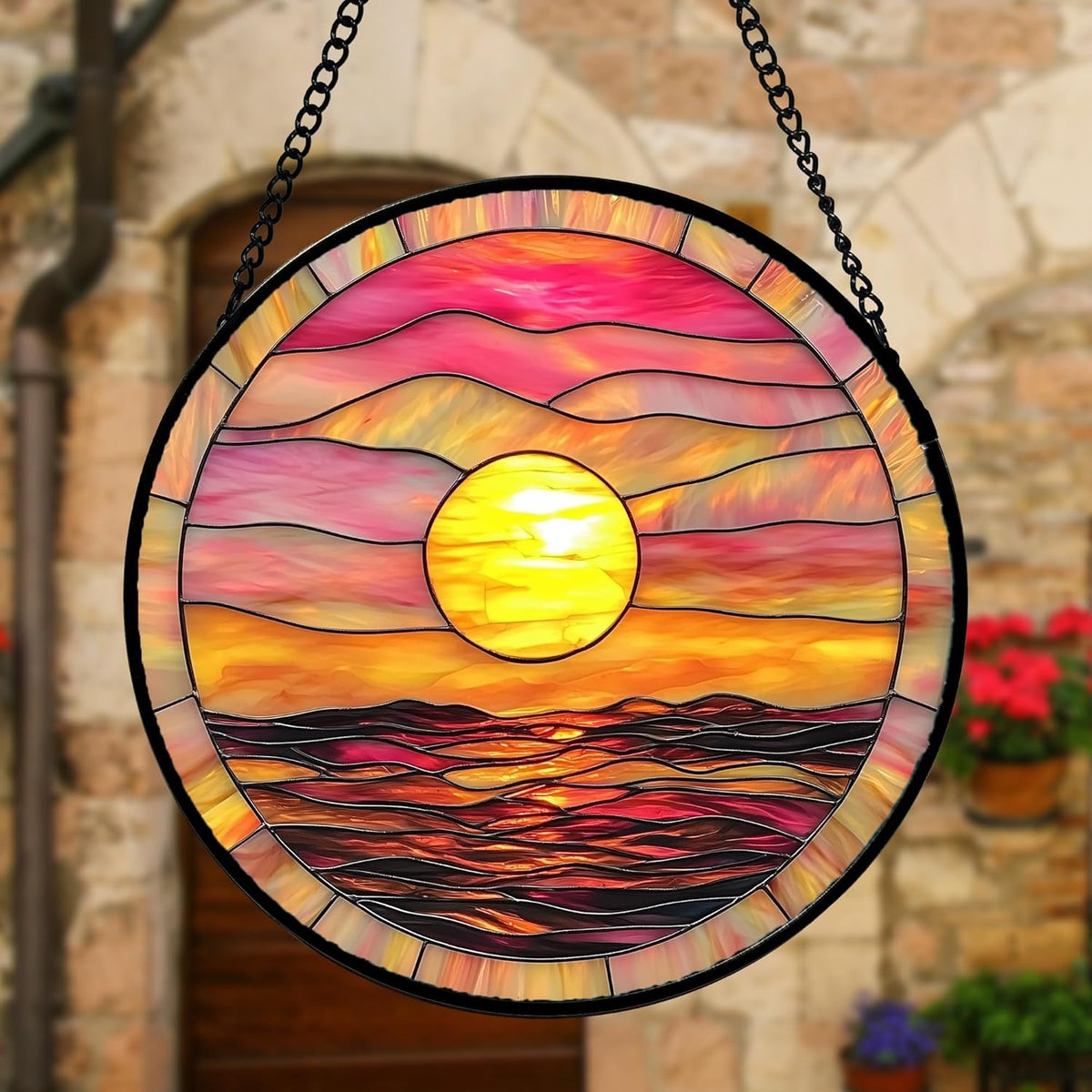 Stained Glass Window Hanging, Sunrise Sea Surface Sun Catchers Diamond Glass Panel Hangings
