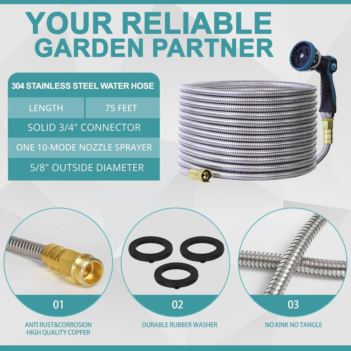 75FT Garden Hose, 304 Stainless Steel Water Hose, Flexible with a 10-Mode Nozzle Sprayer, No Kink