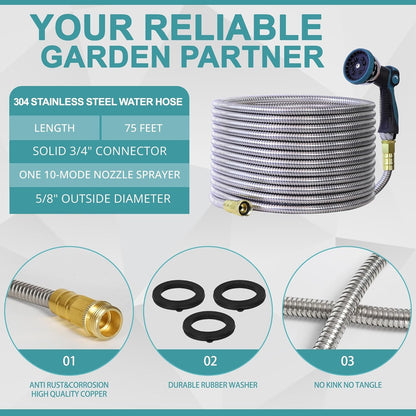 75FT Garden Hose, 304 Stainless Steel Water Hose, Flexible with a 10-Mode Nozzle Sprayer, No Kink