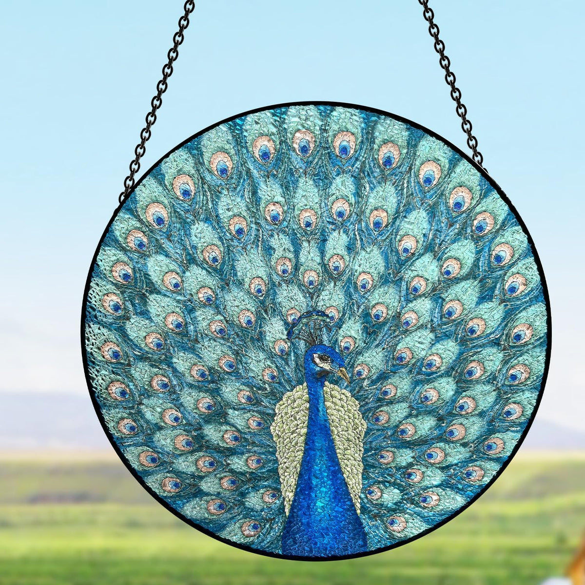Hanging Stained Glass for Windows,20cm/7.87inch Peacock Hand-Painted Sun Catcher Garden Hangings