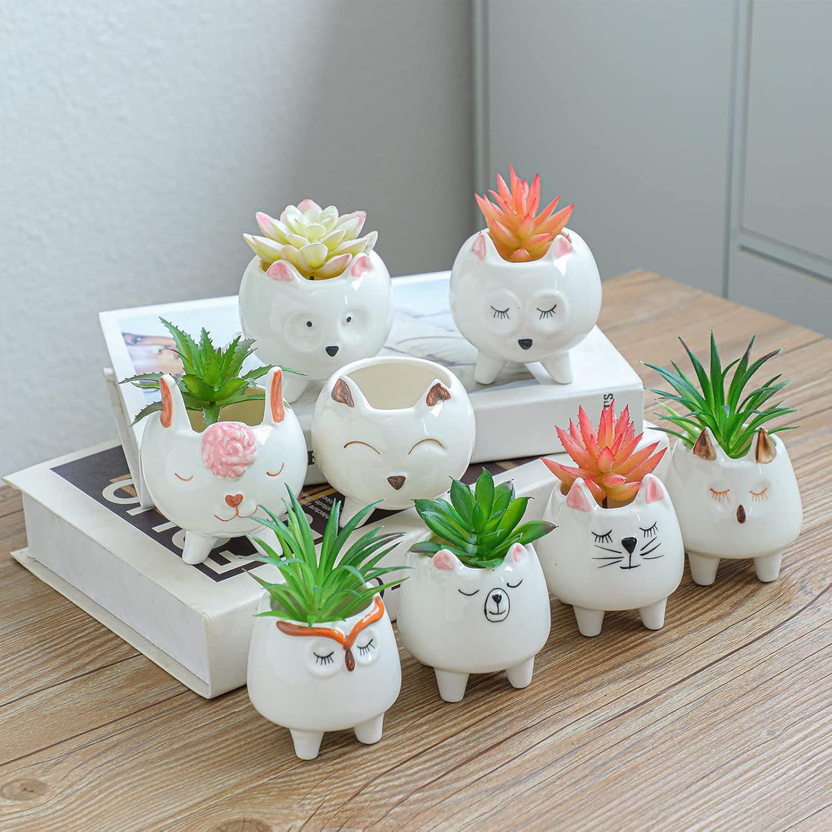 ARTKETTY 8 Pcs Succulent Pots with Drainage, Small Cartoon Animal Planters Ceramic Planter Pot for