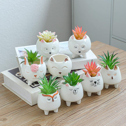 ARTKETTY 8 Pcs Succulent Pots with Drainage, Small Cartoon Animal Planters Ceramic Planter Pot for