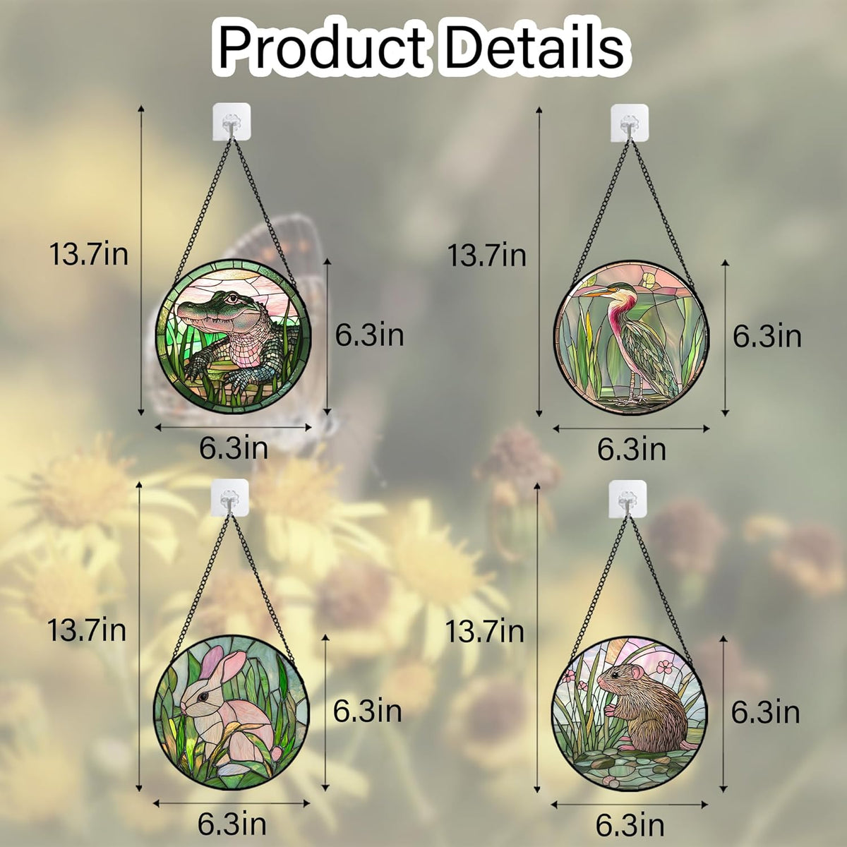 Stained Glass Window Hanging 4 Pcs Set Cute Animal 6.3"- Green Plant Pink Suncatcher Door Garden