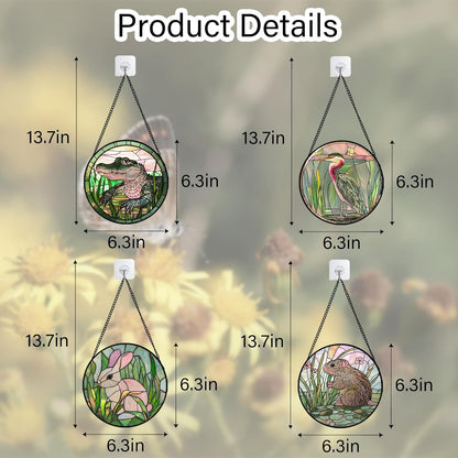 Stained Glass Window Hanging 4 Pcs Set Cute Animal 6.3"- Green Plant Pink Suncatcher Door Garden