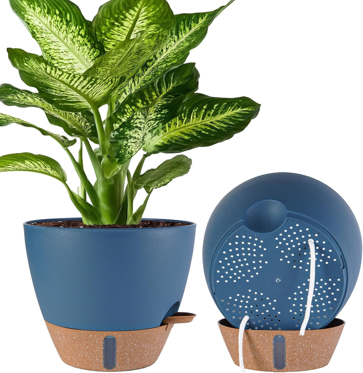 2 Pack 10 inch Plant Pots, Plastic Self Watering Planters with Drainage Holes, Deep Reservoir