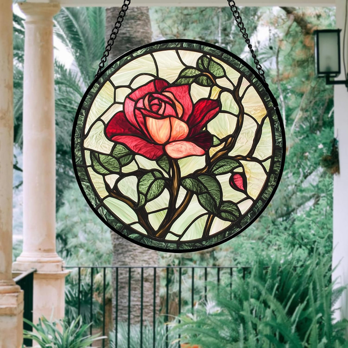 Stained Glass Window Hanging, Red Rose Flowers Sun Catcher for Door Garden Home Decor Suncatcher