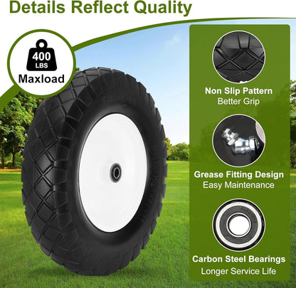 Upgraded 16" Flat Free Wheelbarrow Wheels and Tires, 4.80/4.00-8 Solid Wheelbarrow Tires with