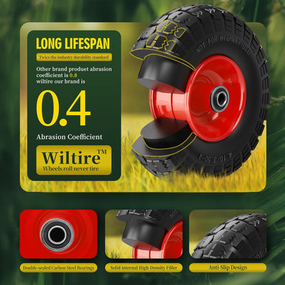 (2 Pack) 4.10/3.50-4 Flat Free Tire and Wheel 10-Inch Solid Wheel Replacement with 5/8