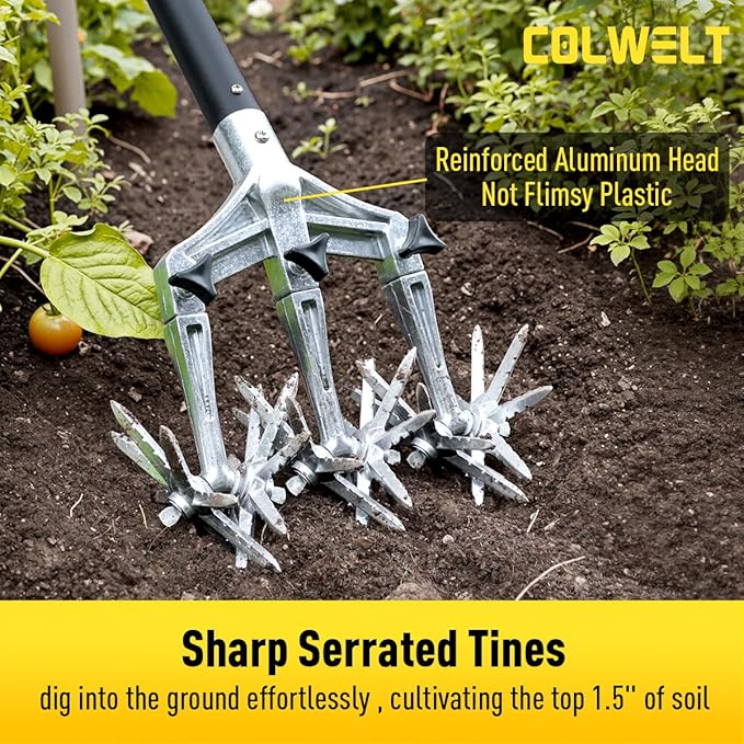 Colwelt Rotary Cultivator Garden Tool 61’’, Hand Tiller Garden Tool with Detachable Aluminum Tines