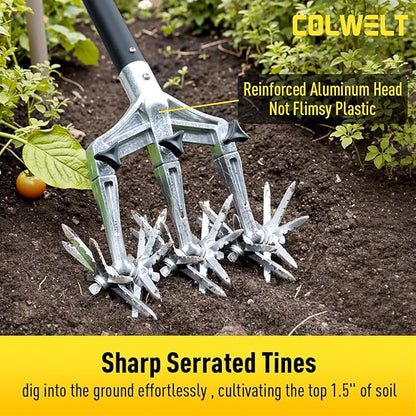 Colwelt Rotary Cultivator Garden Tool 61’’, Hand Tiller Garden Tool with Detachable Aluminum Tines