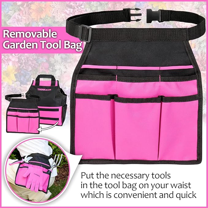 THINKWORK Pink Garden Tools, Gardening Gifts for Women, with 2 in 1 Detachable Storage Bag, Trowel