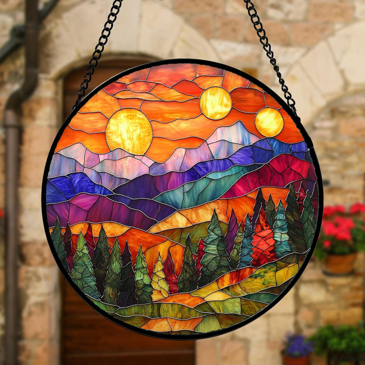 Stained Glass Window Hanging, Sunset Abstract Sun Catchers Colorful Glass Panel Landscape