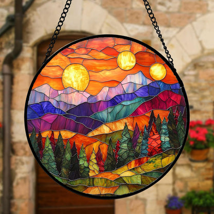 Stained Glass Window Hanging, Sunset Abstract Sun Catchers Colorful Glass Panel Landscape
