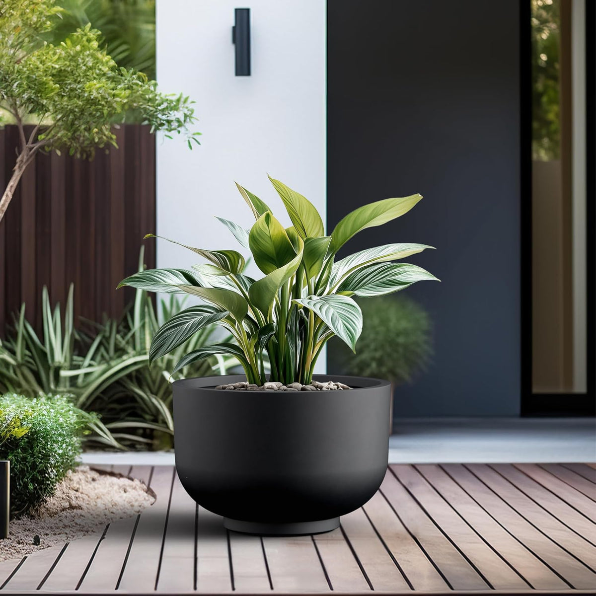 Kante 17.7 Inch Dia Concrete Bowl Planter, Large Tapered Bottom Plant Pot with Drainage, Smooth
