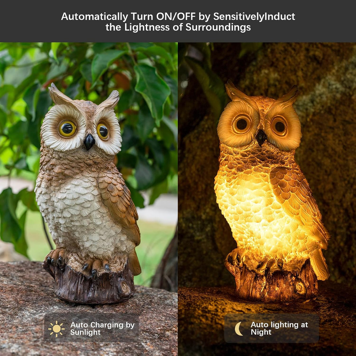 Solar Owl Garden Statues Outdoor Decor Resin Owl Figurine with LED Lights Owl Sculpture for Porch