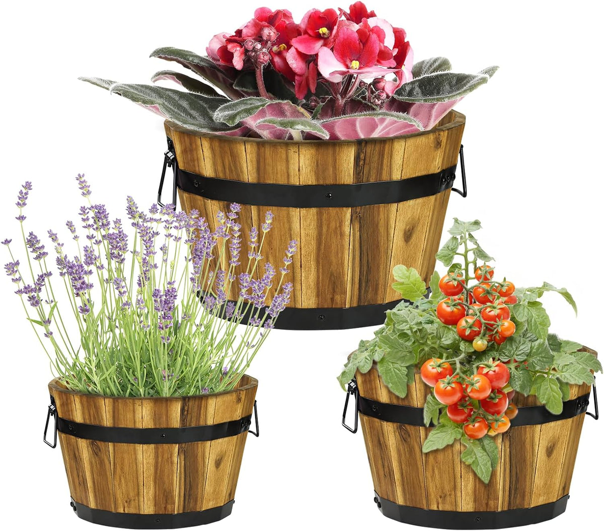 IDZO Set of 3 Wooden Flower Planters for Outdoor Plants, Acacia Wood Barrel Planters, Ergonomic