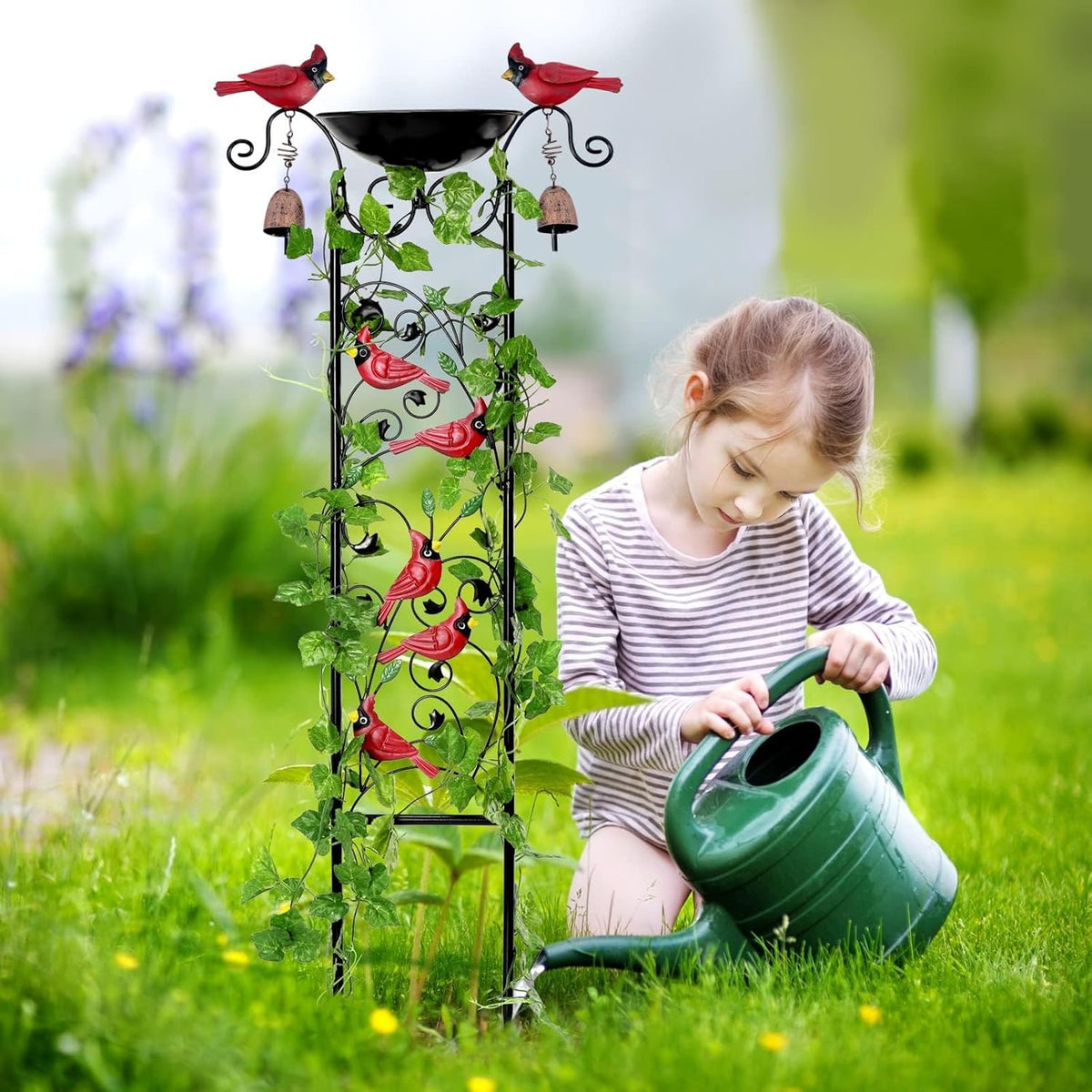 Cardinal Bird Bath Garden Trellis for Climbing Plants Outdoor Wind Chime Decor Red Birds Feeder