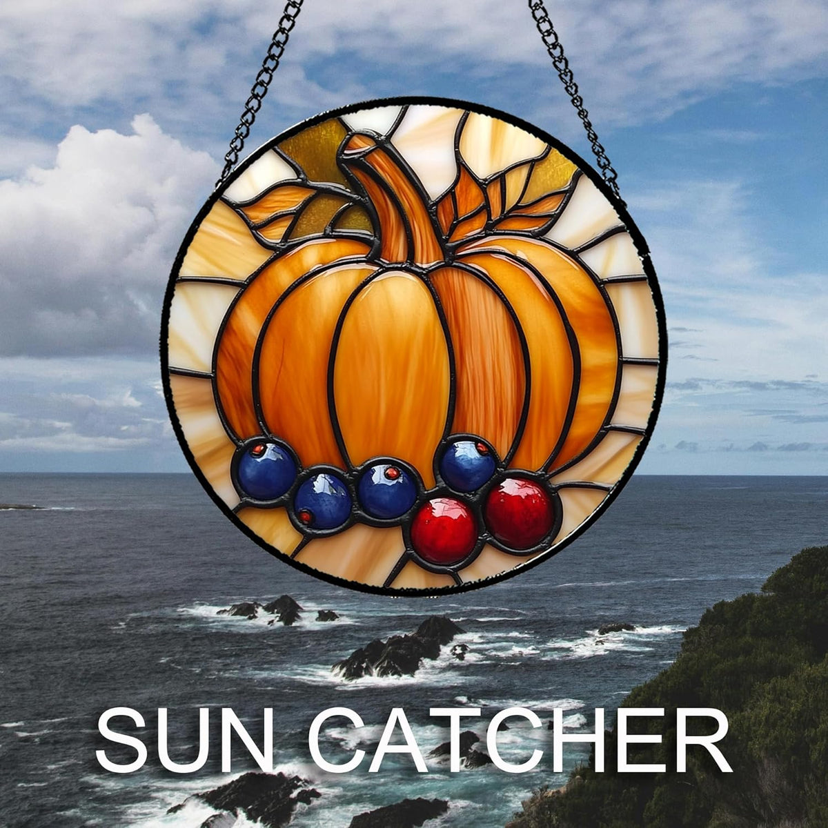 Stained Glass Window Hanging Fall Pumpkin Berries Large 15" - Suncatcher Door Garden Kitchen