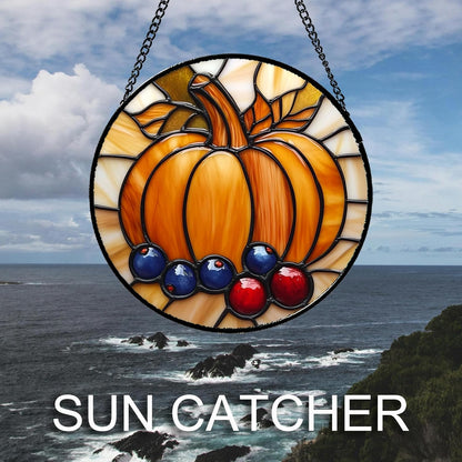 Stained Glass Window Hanging Fall Pumpkin Berries Large 15" - Suncatcher Door Garden Kitchen