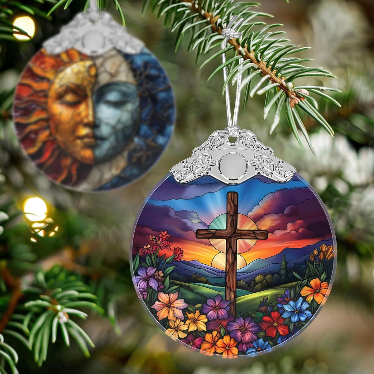 Cross Spring Flower Stained Glass Orament - Christmas Ornament - Christmas Decorations for Tree