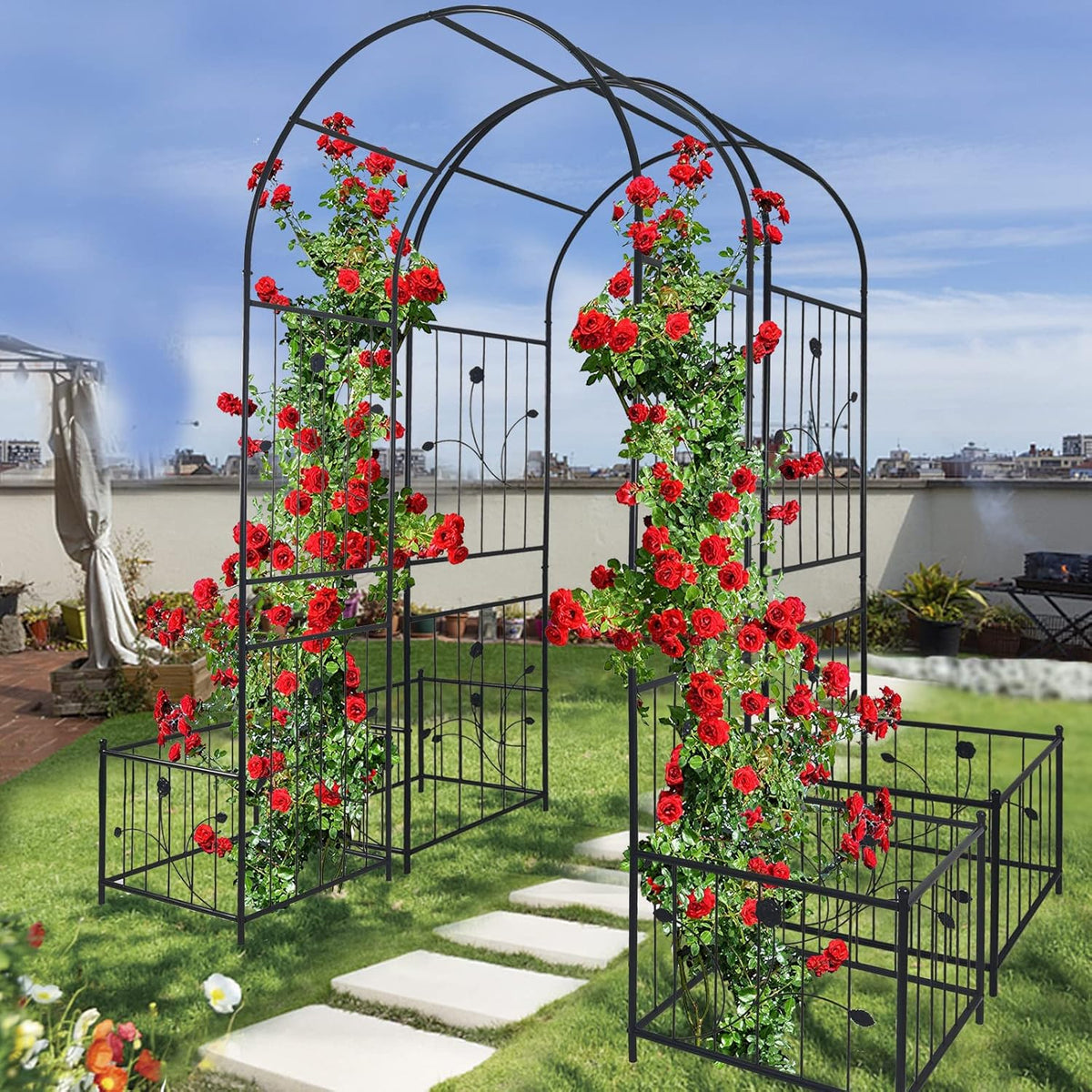 Metal Garden Arch with 2 Plant Stands, Garden Arch Trellis for Climbing Plants Outdoor, Garden
