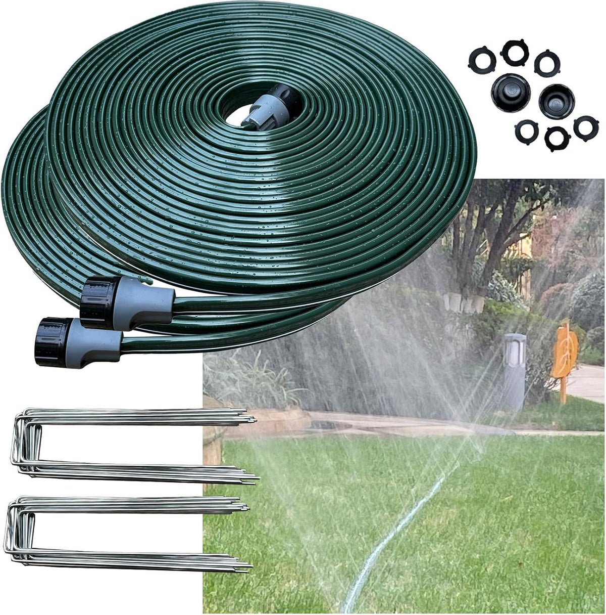 Watoo 2025 Sprinkler Hose & Soaker Hose for Yard - 100 FT Reinforced Flat Garden Hose with Holes