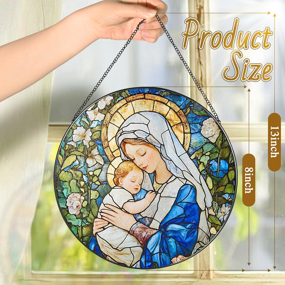8 Inch Virgin Mary Stained Glass Suncatcher, Suncatchers for Windows Hanging, Baby Jesus Window