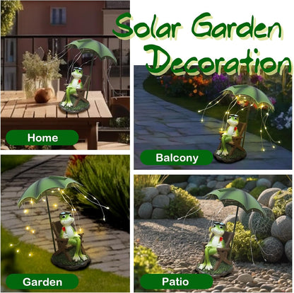 Solar Frog Outdoor Garden Statues Yard Decor - Solar Lantern LED Red Wine Frogs Umbrella Figurine