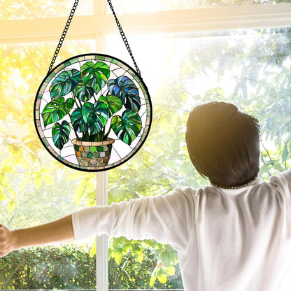 Stained Glass Window Hanging, Green Plant Monstera t Suncatcher Diamond Colorful Glass Panel Sun