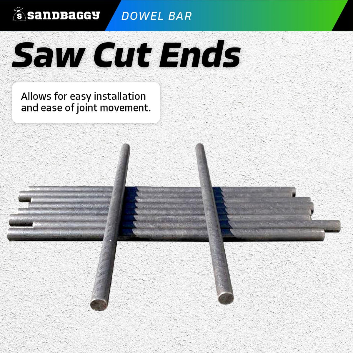 Sandbaggy Smooth Concrete Dowel Bar (3/4" W x 18" L) - Saw Cut Ends - Plain Grade 60 Steel