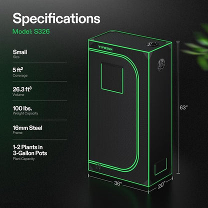 VIVOSUN S326 36"x20"x63" Grow Tent, High Reflective Mylar with Observation Window and Floor Tray