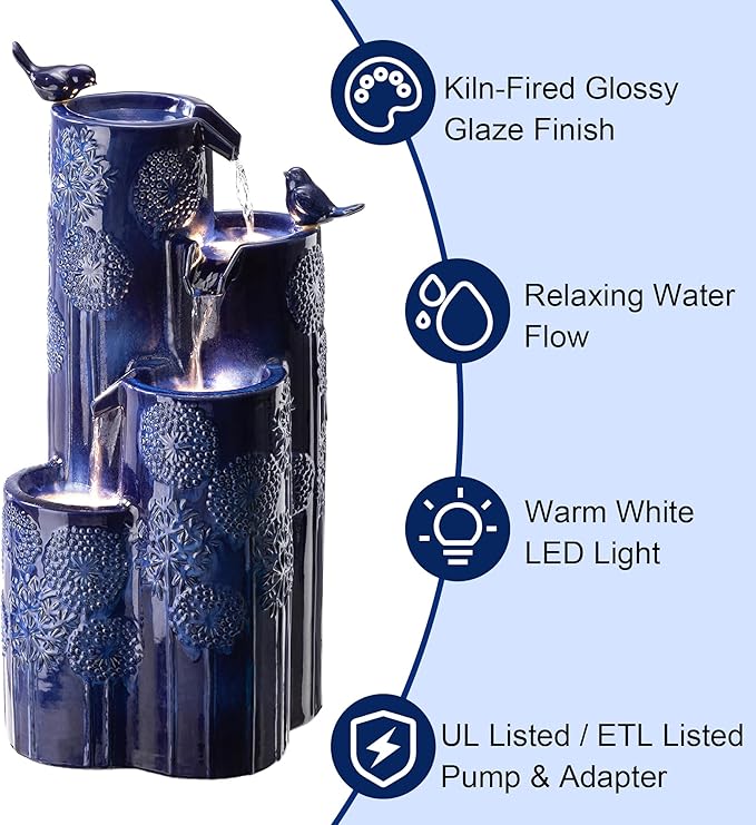 Glitzhome 32" H Outdoor Water Fountain with LED Lights and Pump, 4 Tier Ceramic Cobalt Blue