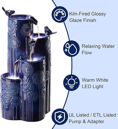 Glitzhome 32" H Outdoor Water Fountain with LED Lights and Pump, 4 Tier Ceramic Cobalt Blue