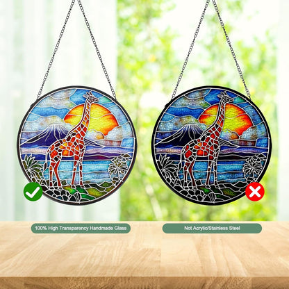Giraffe Handmade Stained Glass Window Hanging Suncatcher with Chain - 7.9" Outdoor/Indoor Art Decor