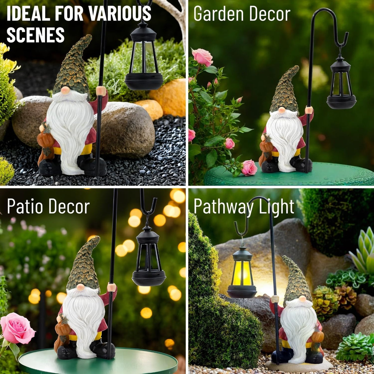 Garden Gnome with Solar Lantern, Maple Leaves Hat, Outdoor Garden Figurine Lights, Unique Gift for