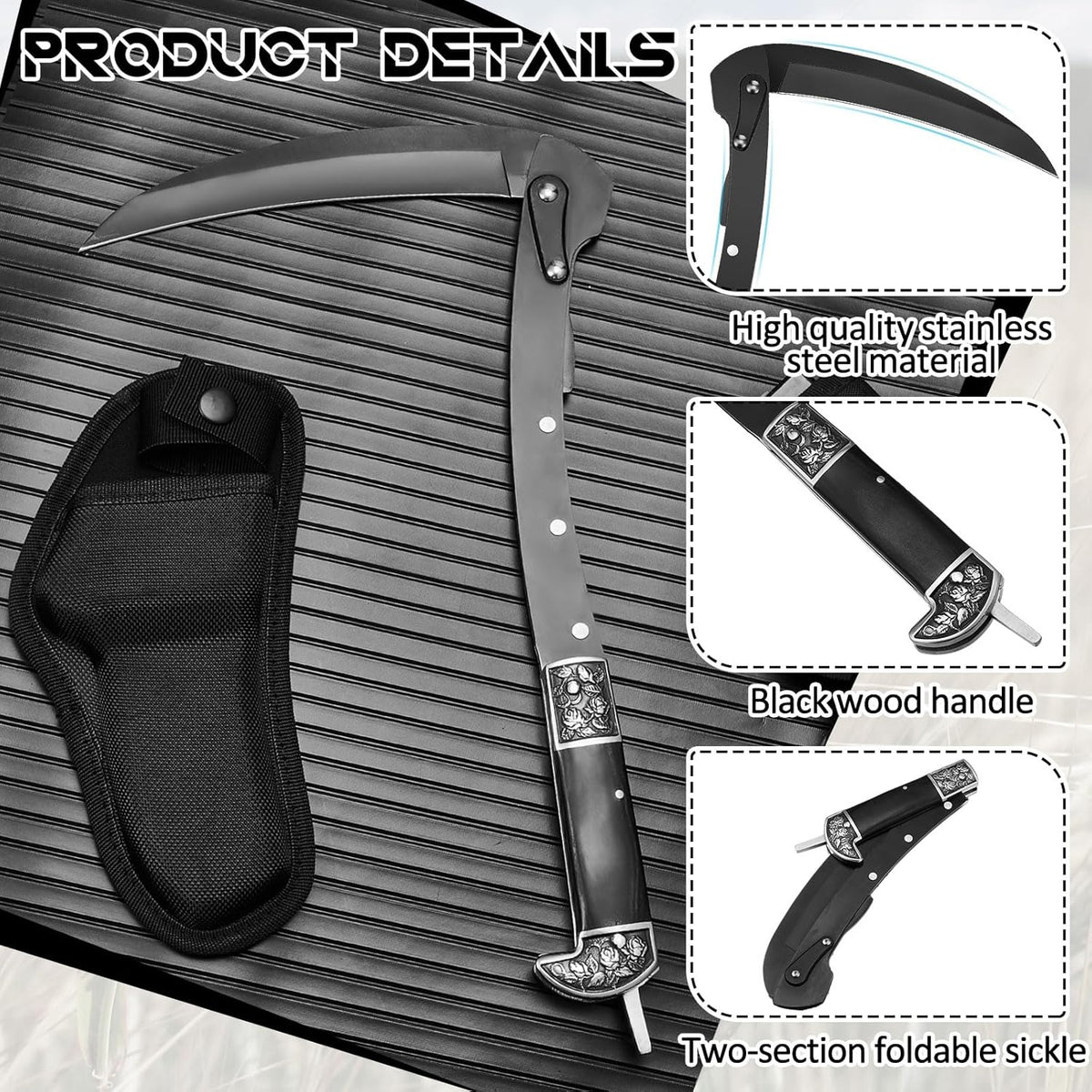 WILLBOND Black Sharp Folding Sickle Garden Tool Portable Safety Grass Hand Sickle Knife with Sheath